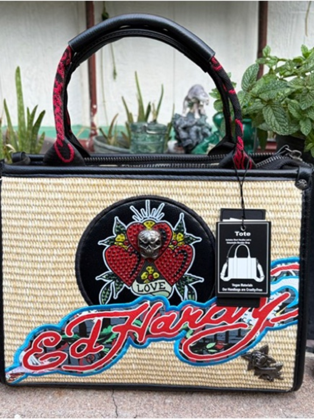 Ed Hardy Straw Tote with Red Script and Black Trim
